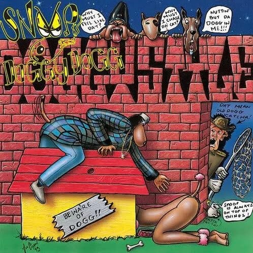 A colorful drawing that says Snoop Doggy Dogg and Doggystyle with a dog and woman in a suggestive position.