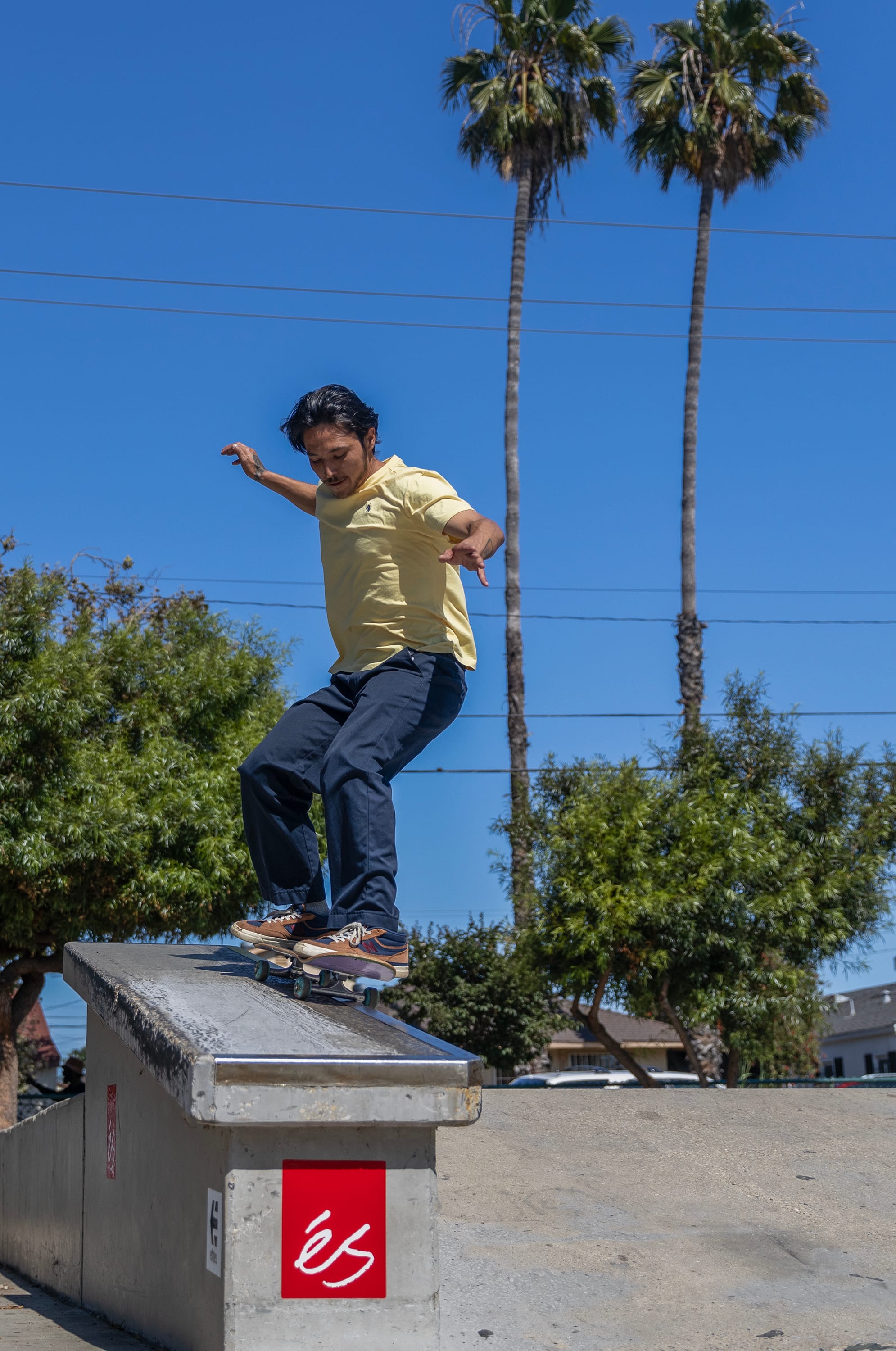 A man wearing a yellow shirt and navy pants rides a skateboard on a concrete ledge with palm trees in the background.