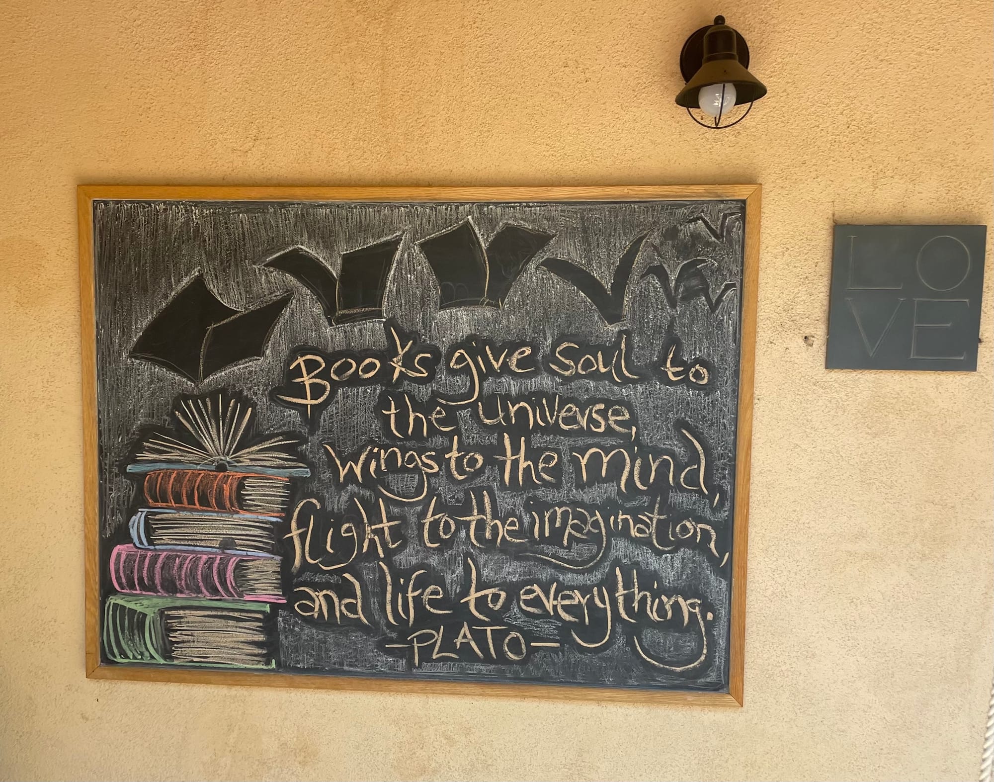 Chalkboard sign on a wall saying "Books give soul to the universe, wings to the mind, flight to the imagination, and life to everything. -Plato."