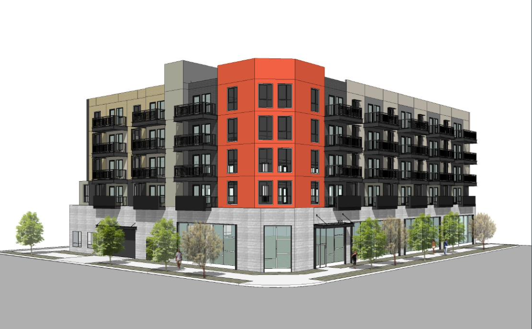 Artist's rendition of a new orange, gray and black apartment building on an intersection.