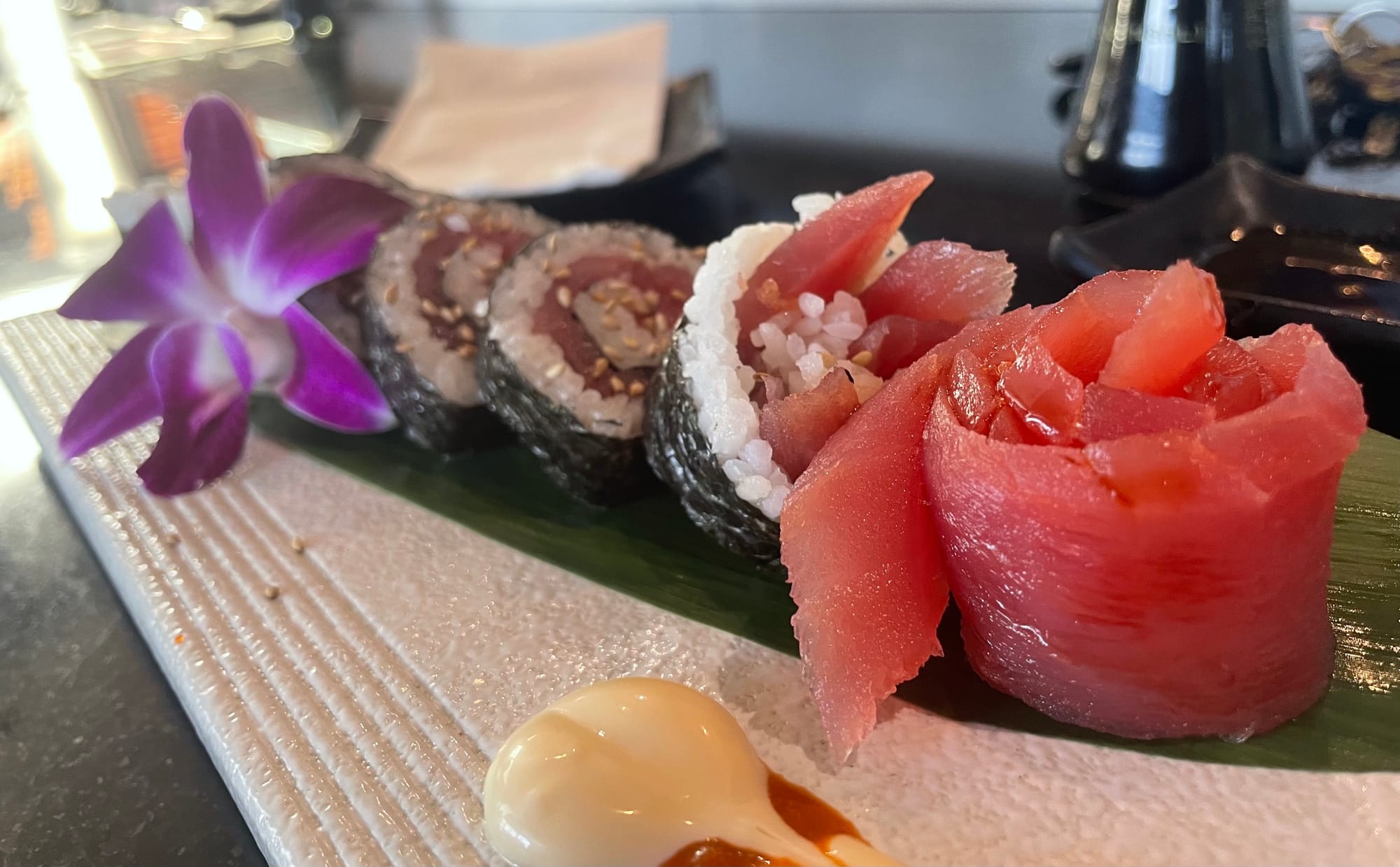 Sliced ahi tuna roll.