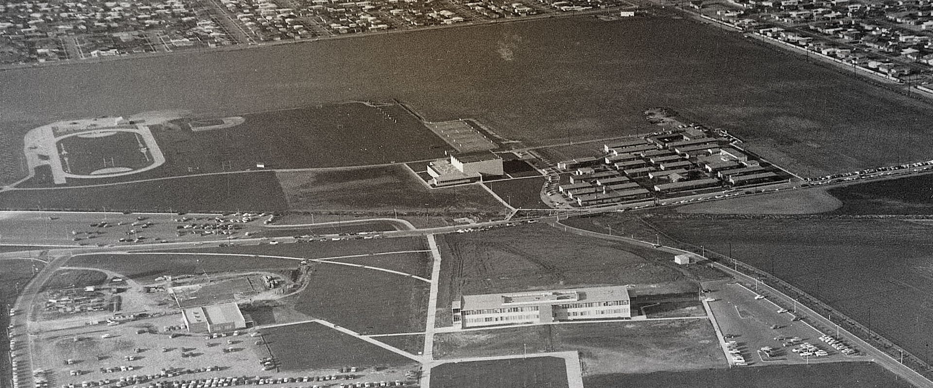 Two high-angle photos — one black and white, one color — of the Cal State Long Beach campus in its early days.