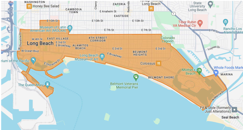 Map of Long Beach showing the new transit service area shaded orange.