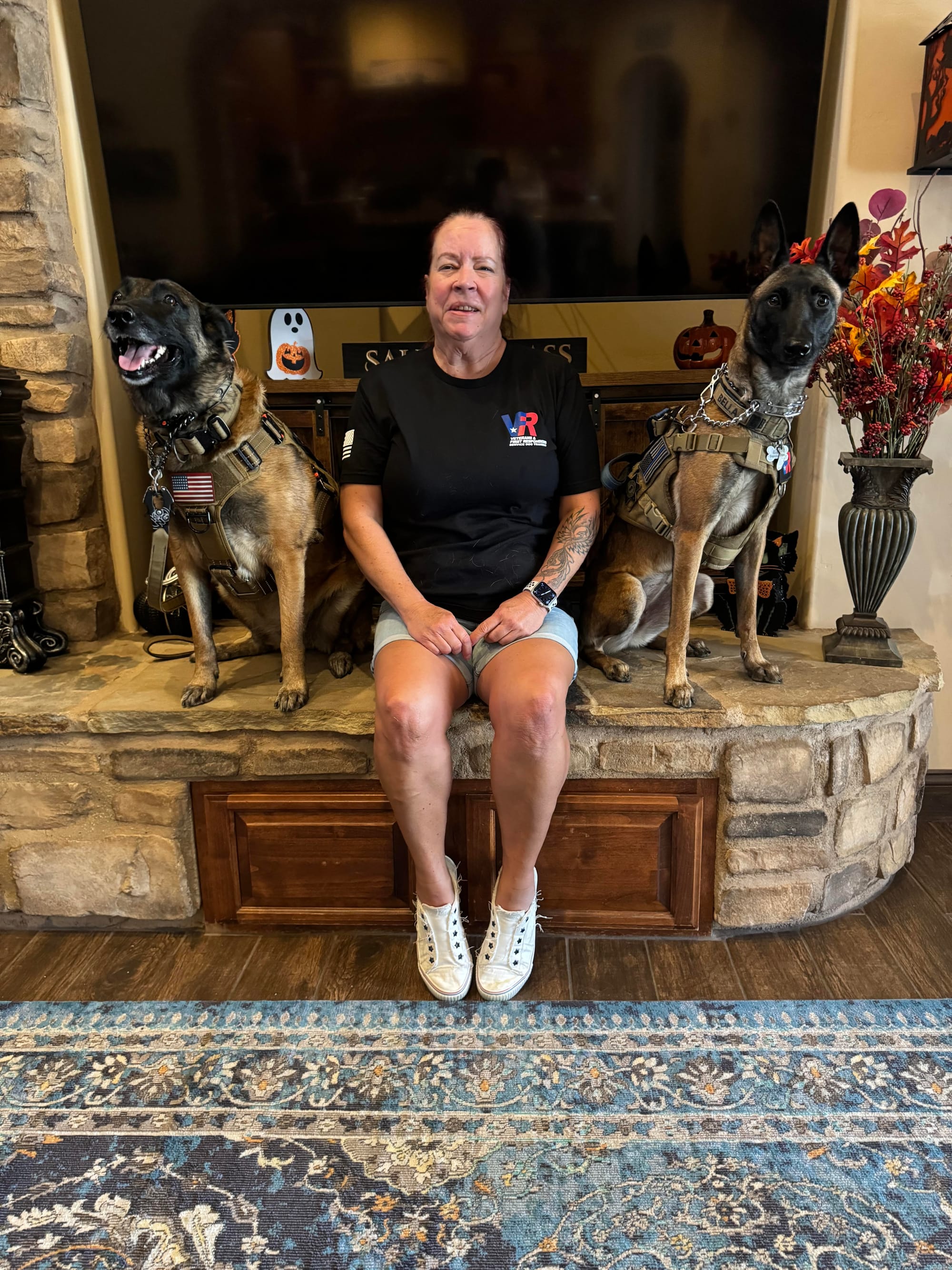 A woman sits next to two very good large dogs.