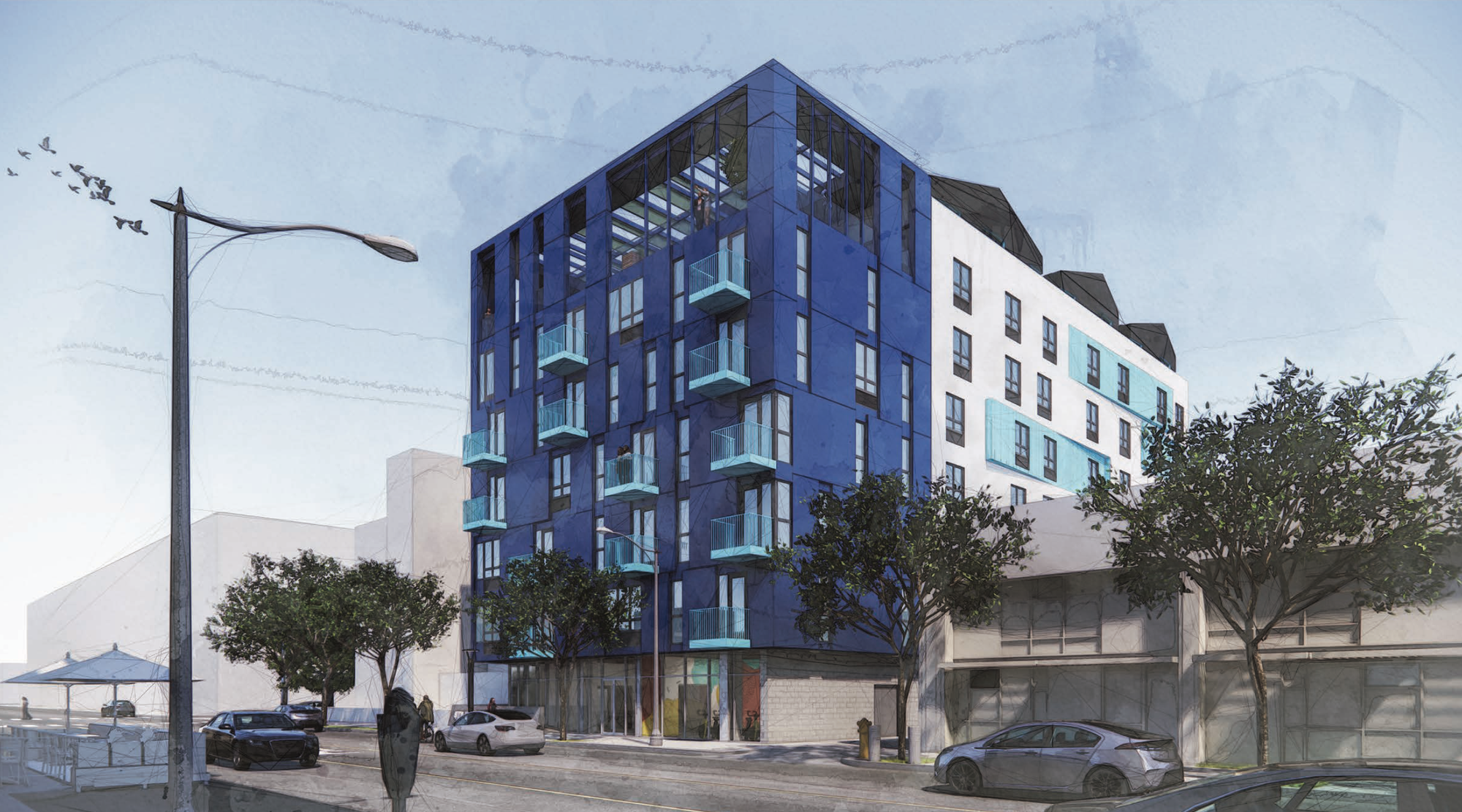 Artist's rendering of a seven-story blue and white apartment building.