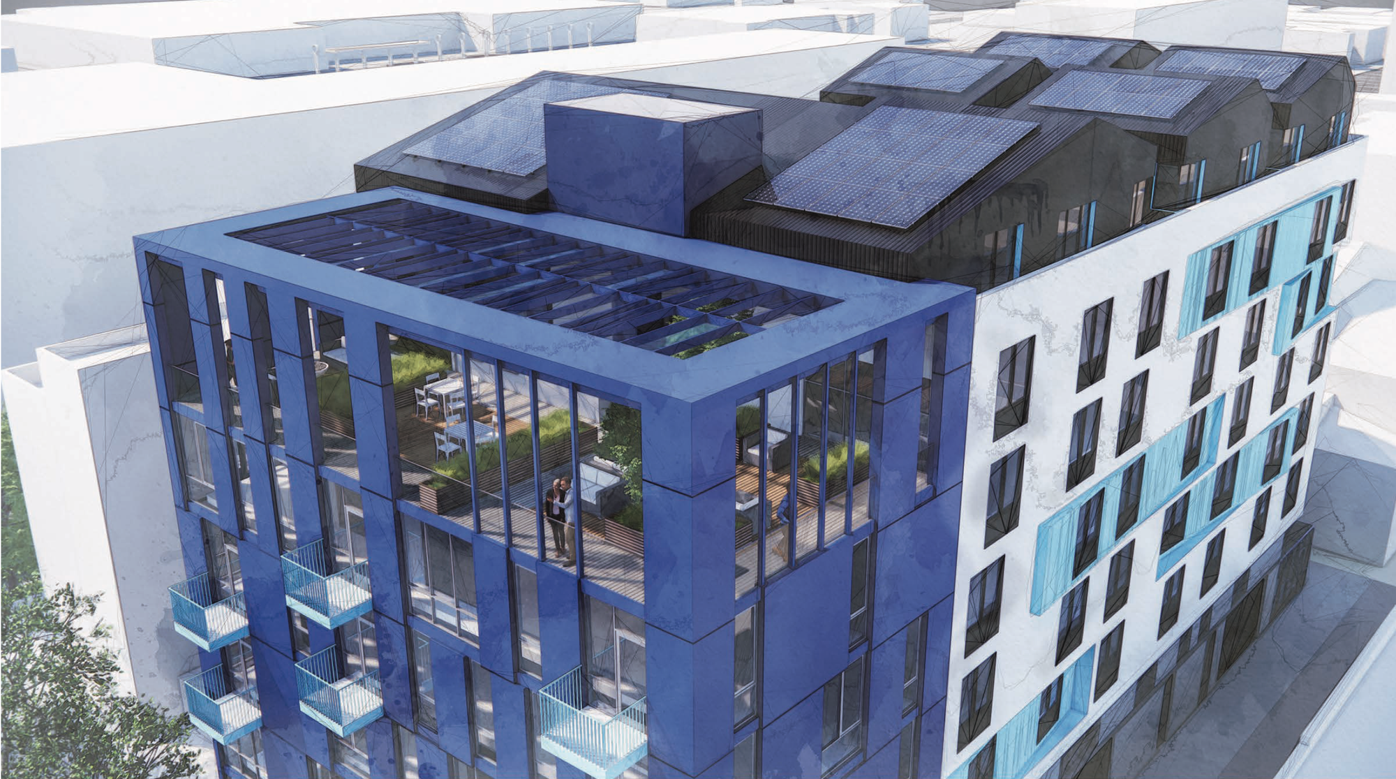 Overhead artist's rendering of a seven-story blue and white apartment building.