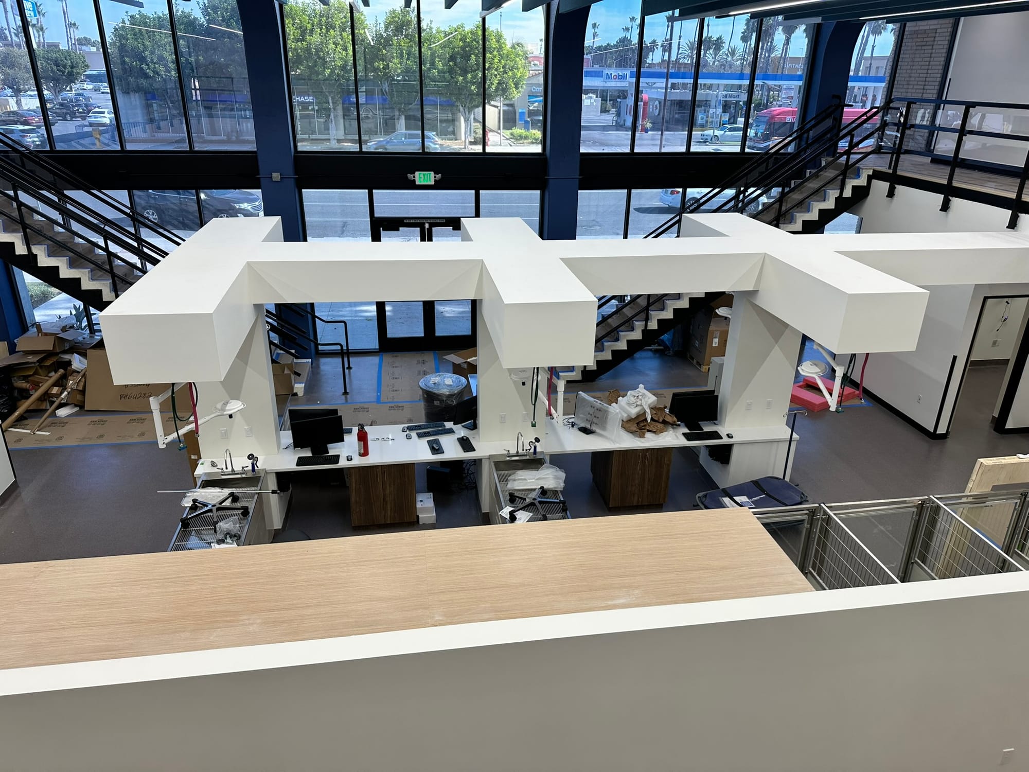 Interior view of a new two-story, open veterinary hospital.