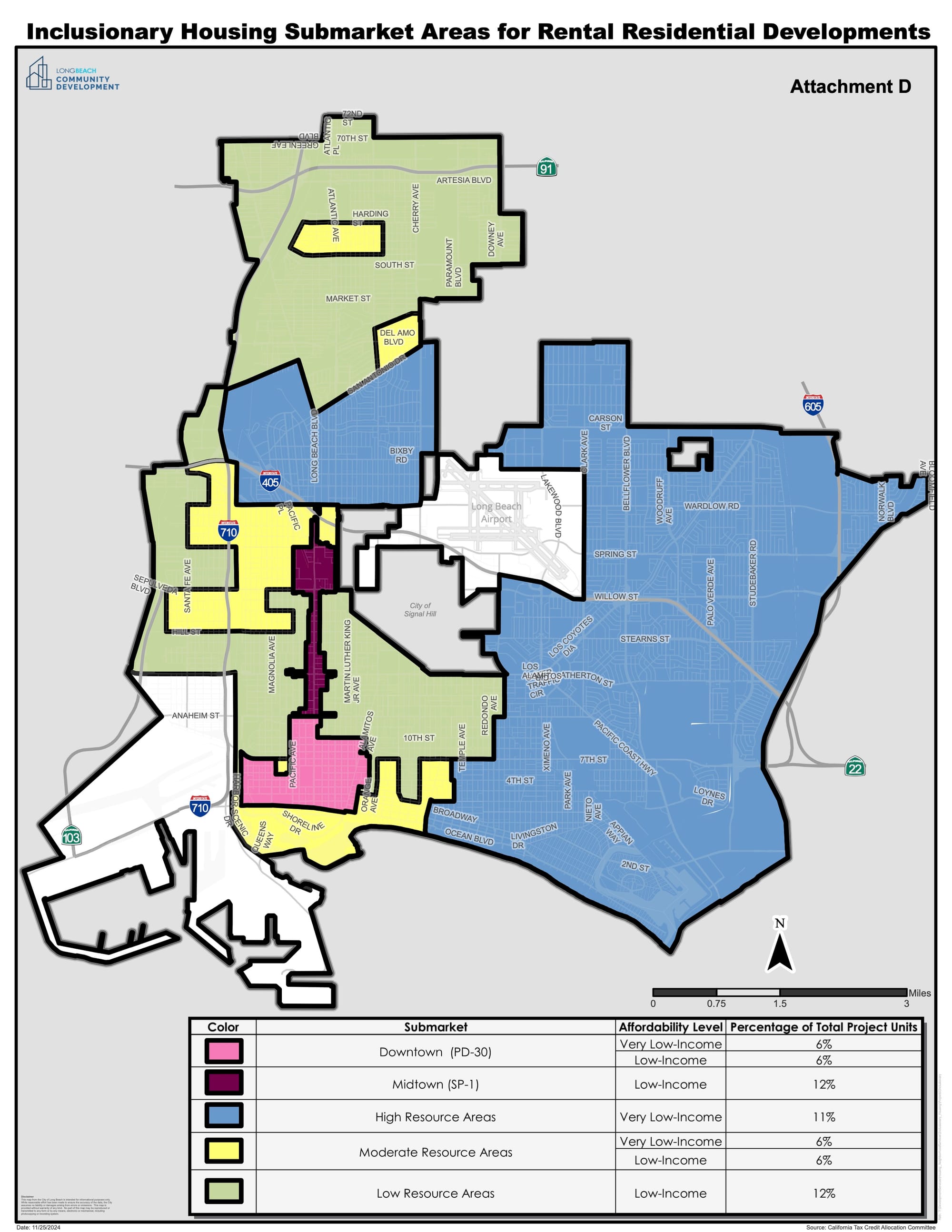 A map of Long Beach showing different residential development regions.