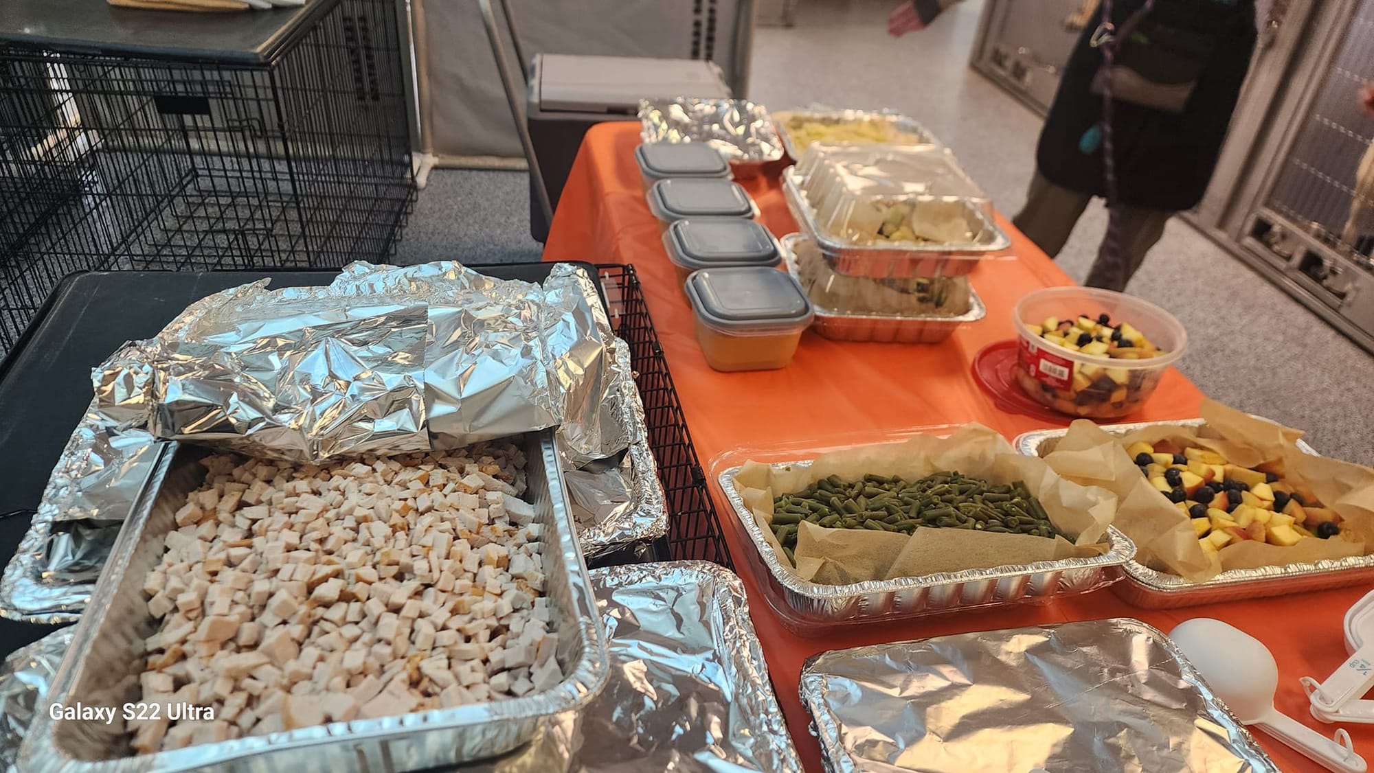 Multiple aluminum trays full of food.