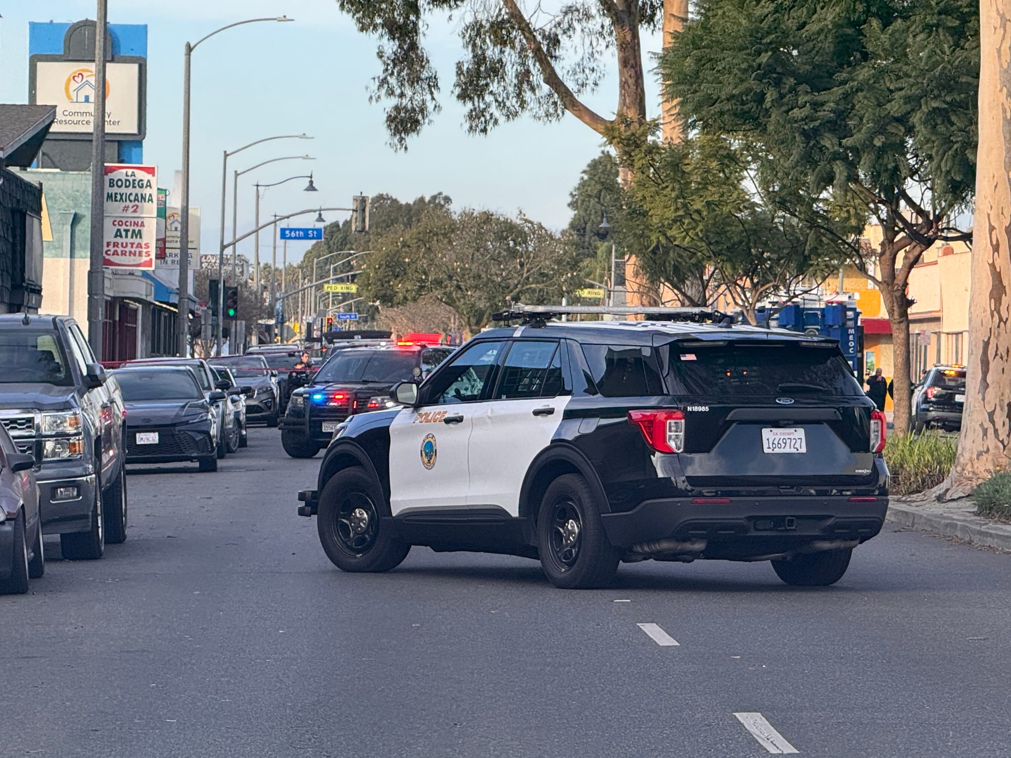 Police vehicles parked in the middle of a street.