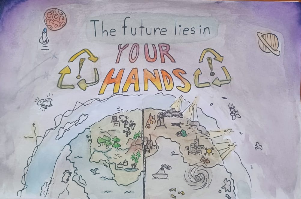 Student artwork that says "the future lies in your hands."