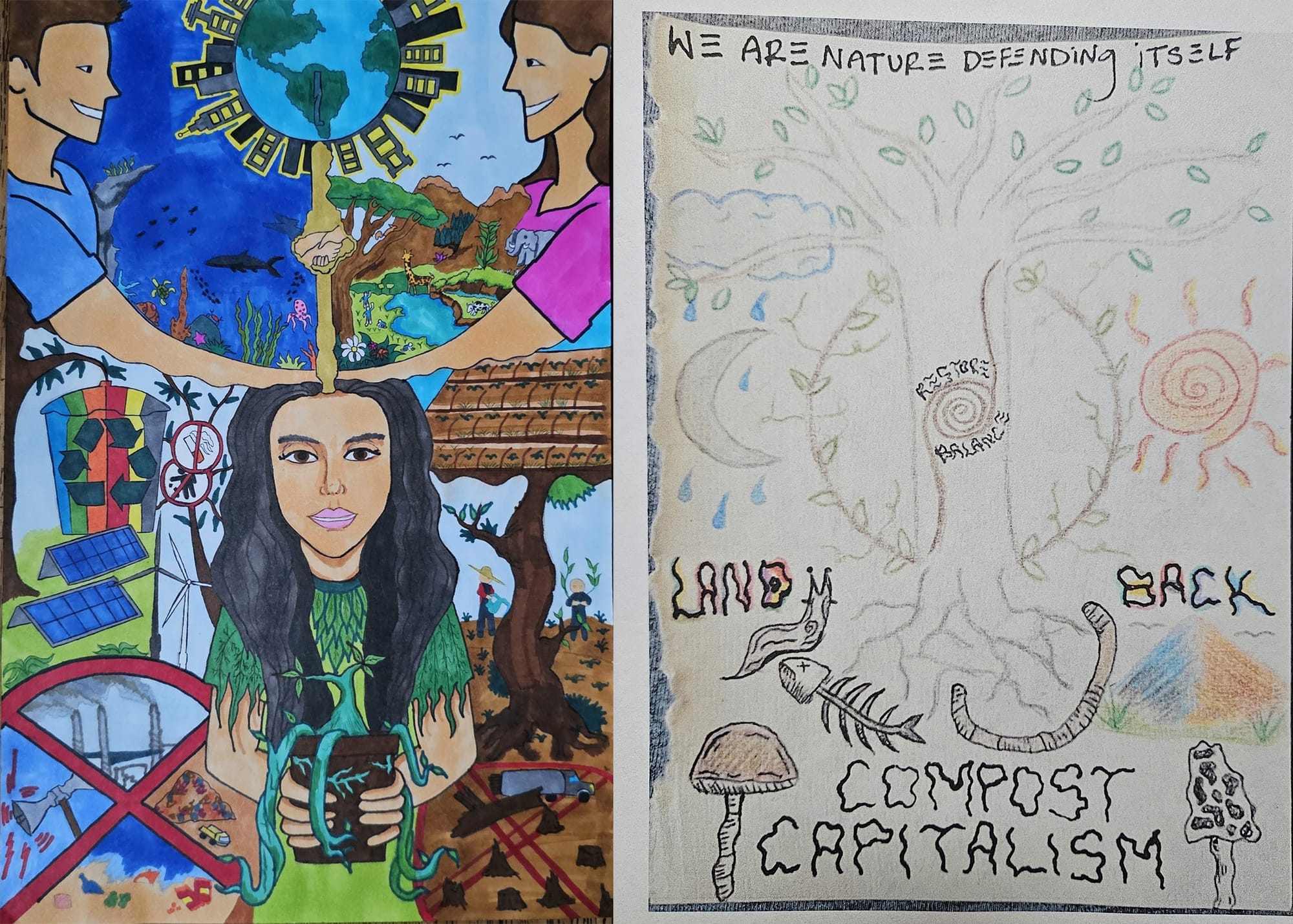 Two pieces of student artwork side by side.