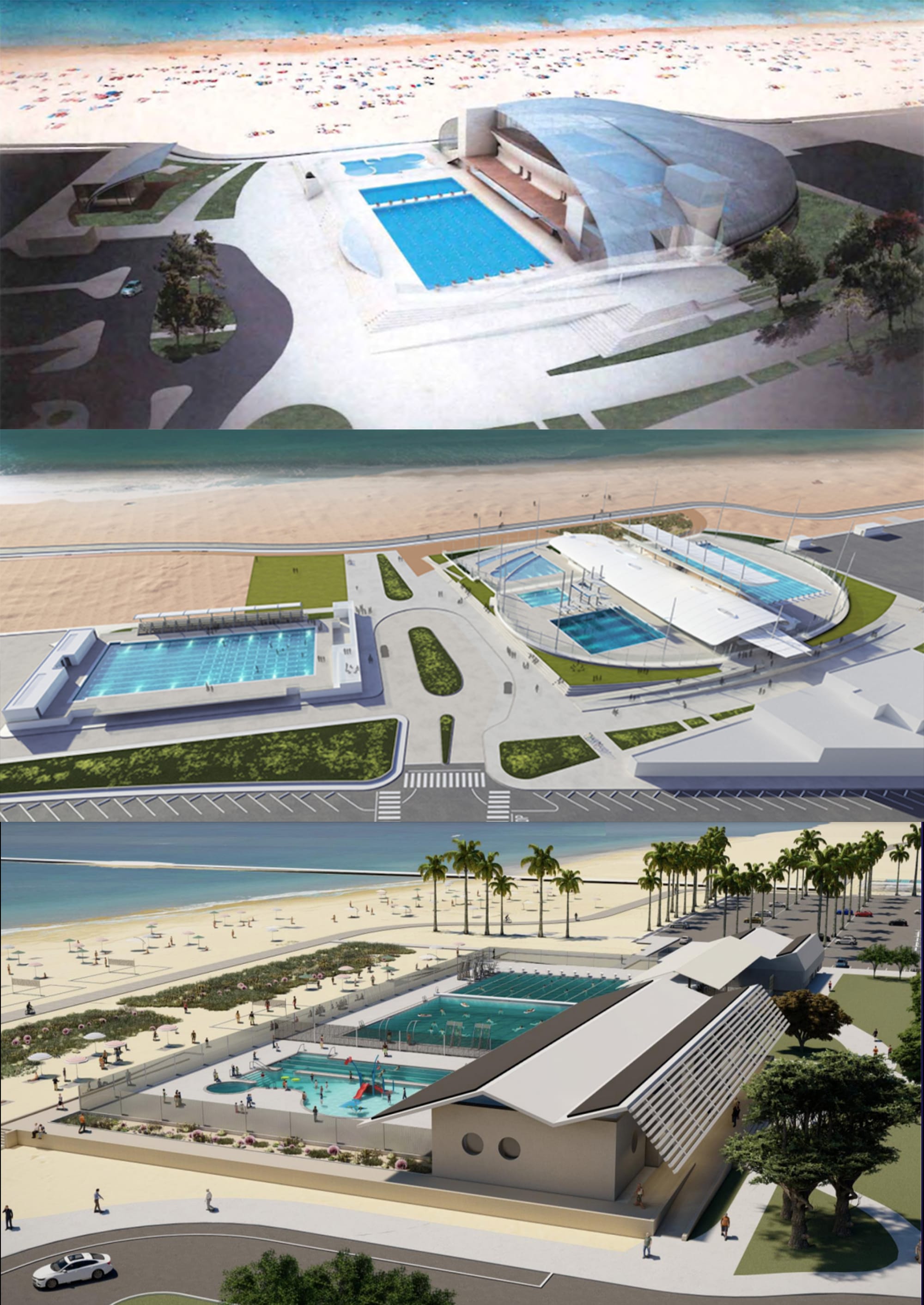 Artist's drawings of overhead shots of large swimming pools near the beach.