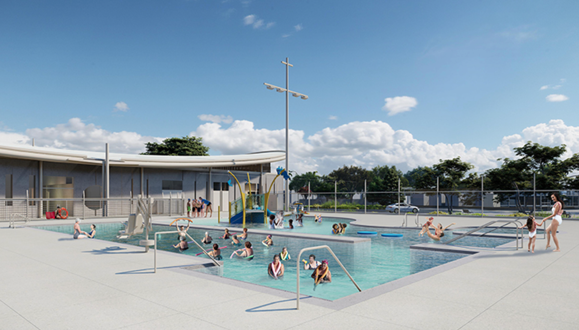 Artist's image of people relaxing in a large swimming pool.