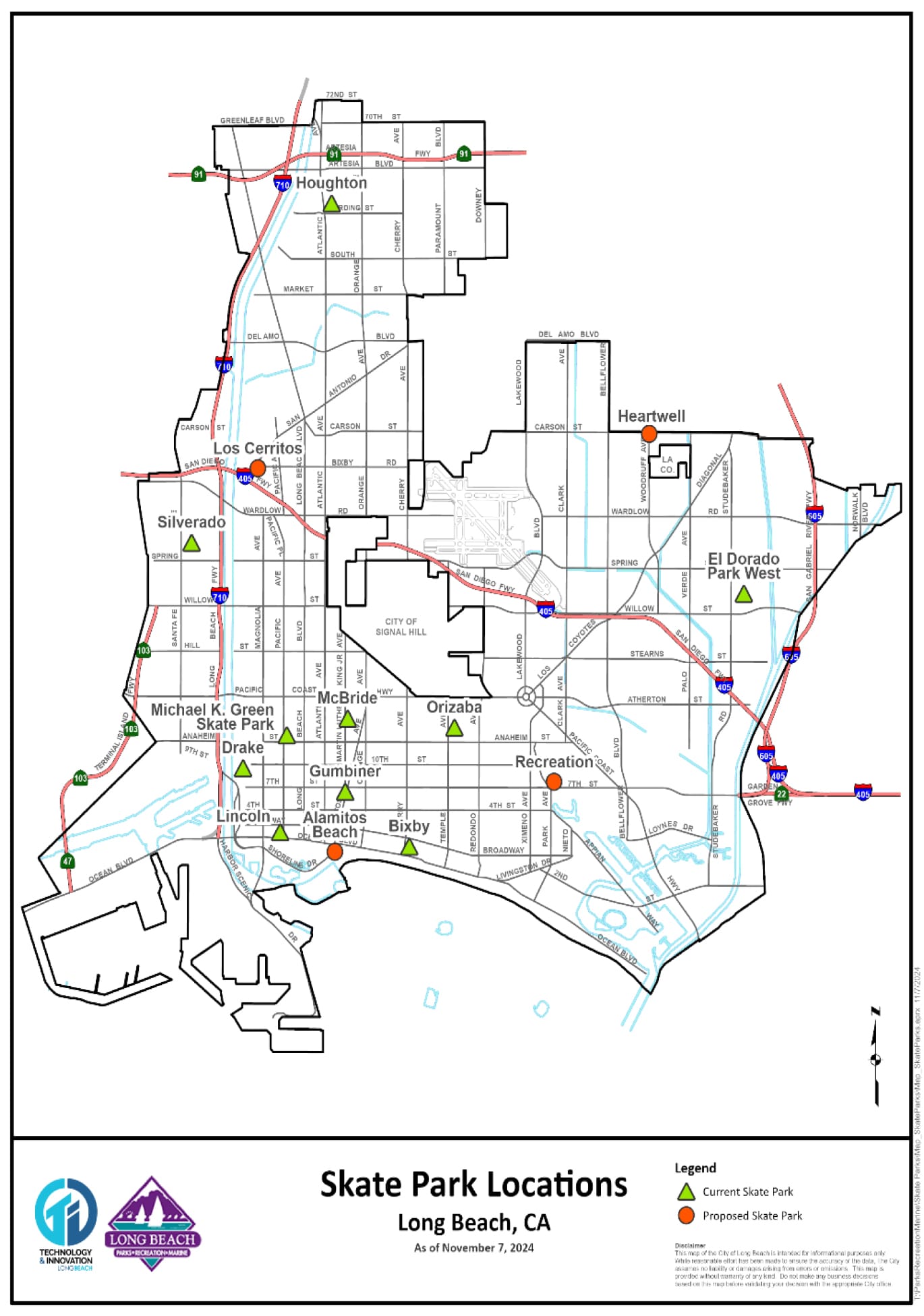 A map of the city of Long Beach that shows the location of current and potential skateparks.