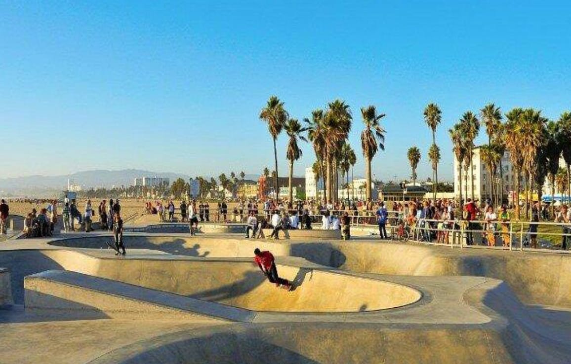 A concrete skatepark on the beach.