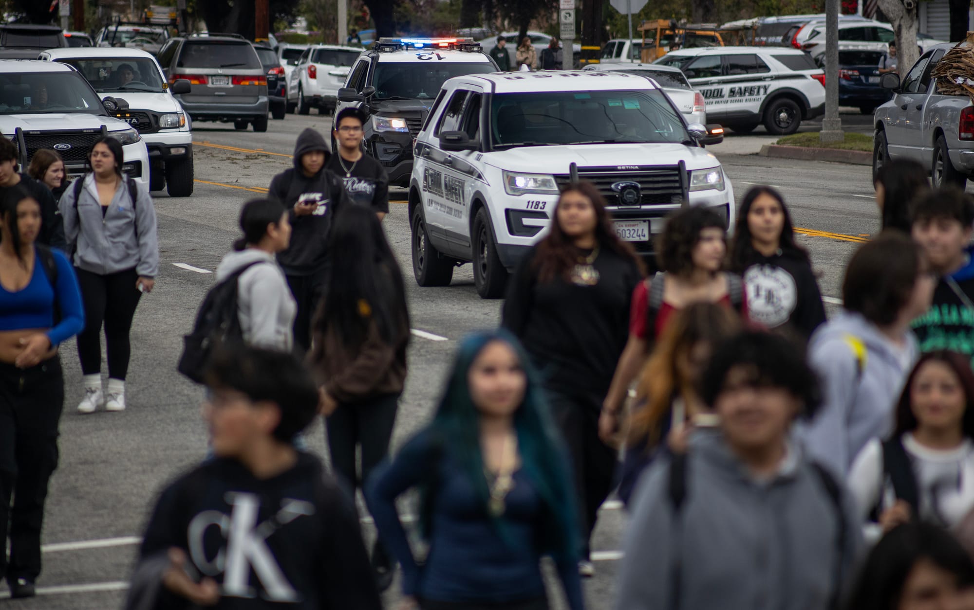 Police cars follow young people as they walk in the street.