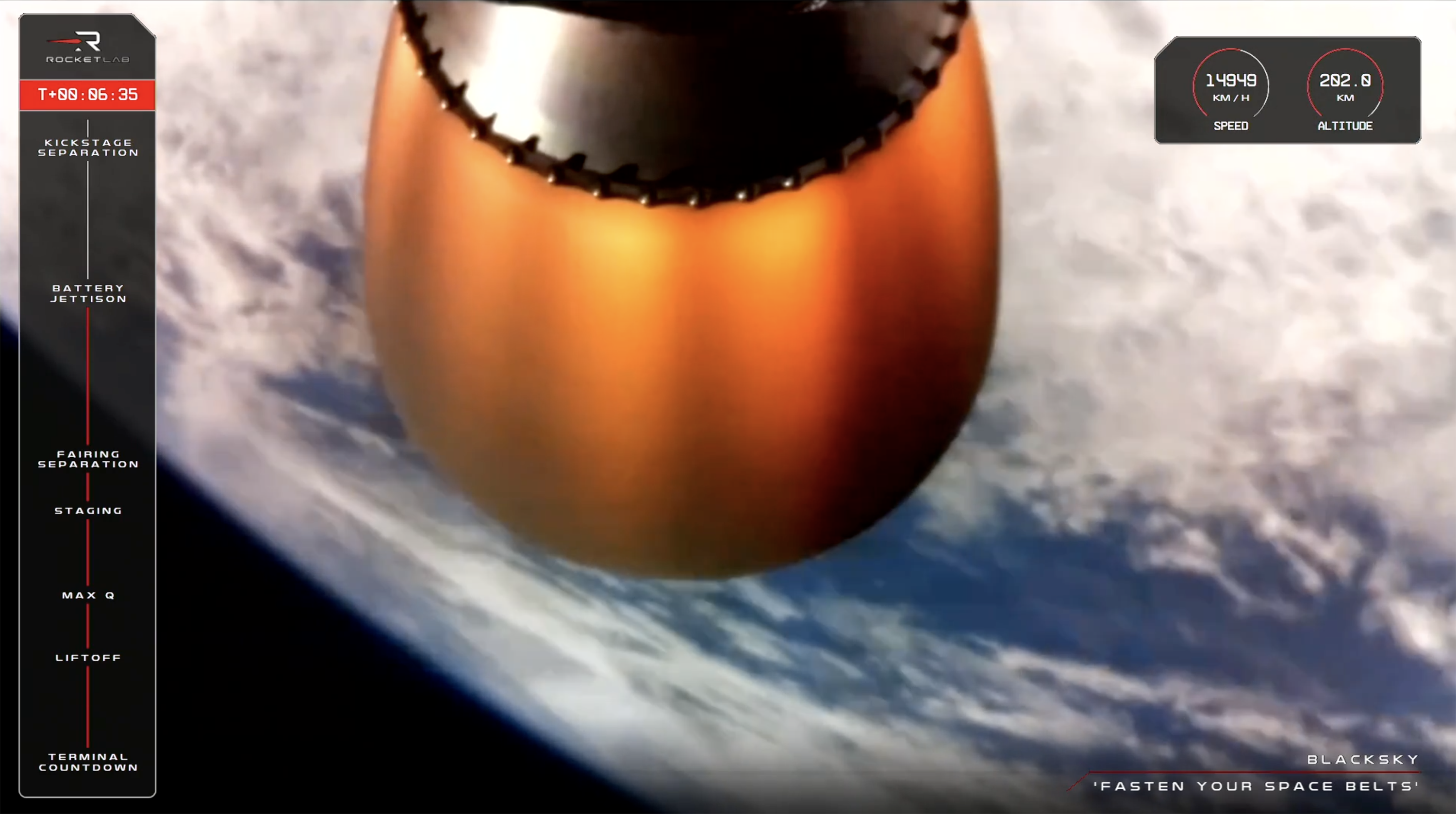 A distant image of a blue and white Earth is seen beyond a rocket that is glowing orange.