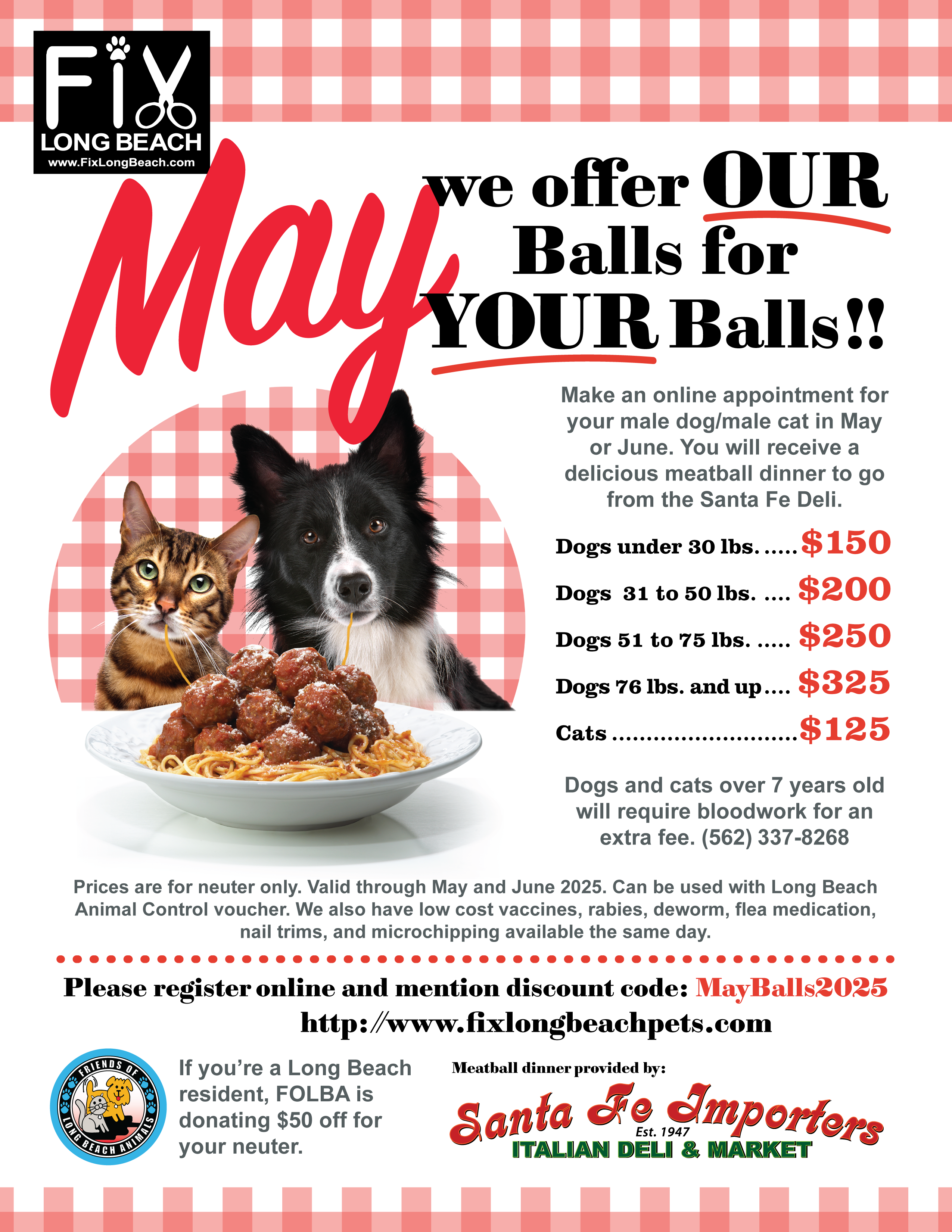 An ad showing a dog and cat eating spaghetti and meatballs with the text "May we offer our balls for your balls??"