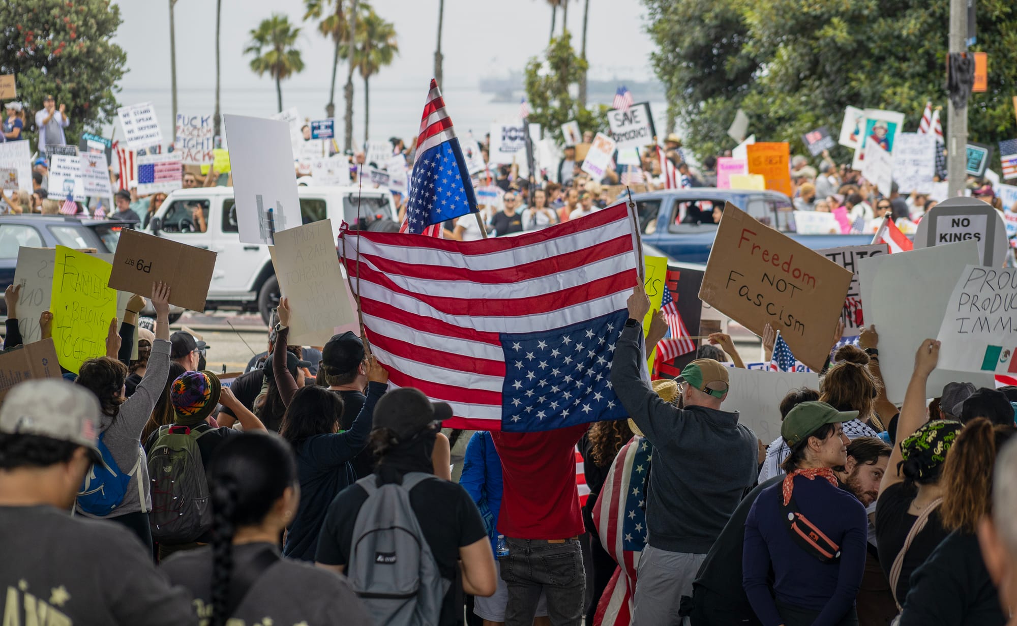 Protesters wave upside-down American flags on the street.