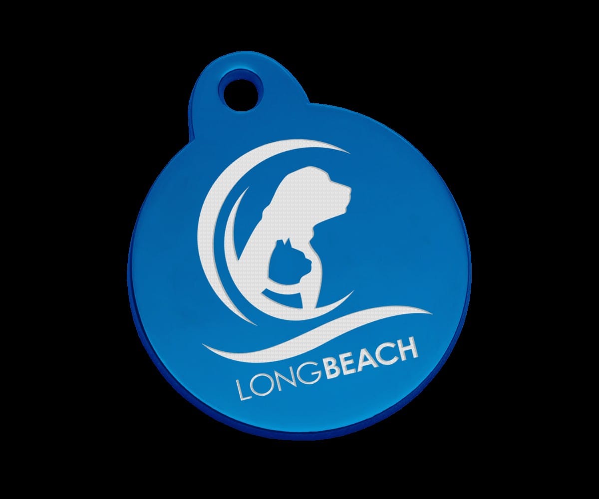 Blue tag that has silhouettes of dogs and says "Long Beach."