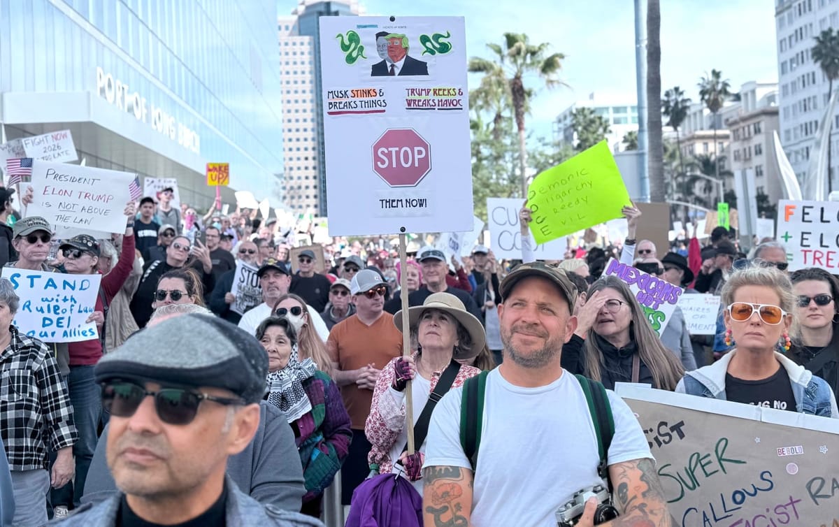 Hundreds rally at Long Beach City Hall against Elon Musk, Trump administration