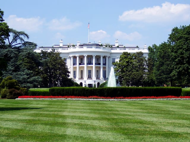 Large white building with white columns behind dark green trees and bright green grass.