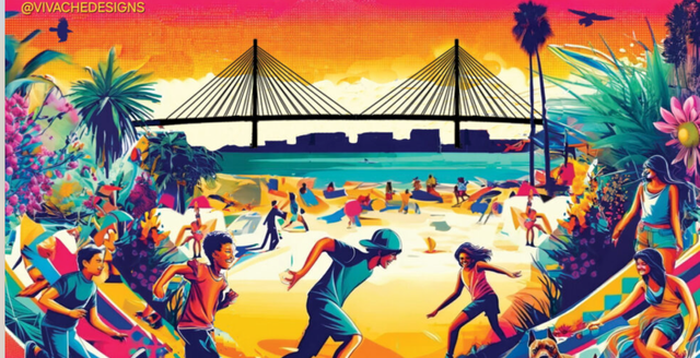 Painting of people having fun on the beach with a suspension bridge in the background.