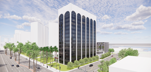 Artist's rendition of a black and white office building under a cloudy blue sky.