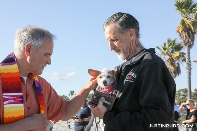 A man holds a small dog while another man pets the dog.