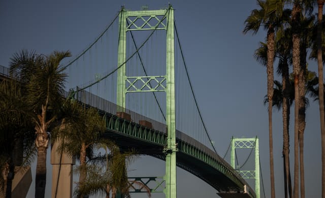 Two trucks drive across a tall, green bridge surrounded by palm trees