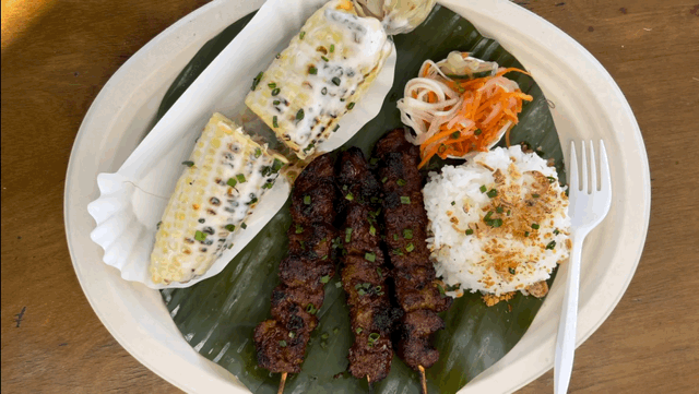 A plate of food with a single white plastic fork.