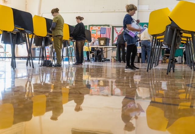 People stand at voting booths inside a park gymnasium.