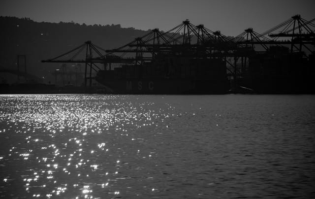 A black-and-white image of a large ship sitting under cranes on water filled with sun spots.