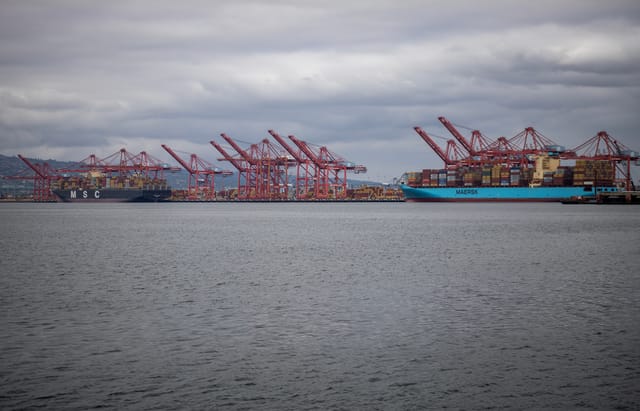 Two large container ships tied up at a port next to many tall red cranes.