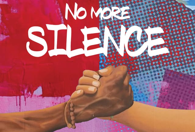 Image of a black hand firmly grasping a lighter-skinned hand under the words "No more silence."