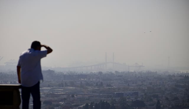 A man looks at a bridge shrouded in thick gray haze.