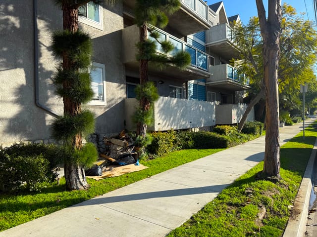 A gray apartment building lined with pine trees and green grass.