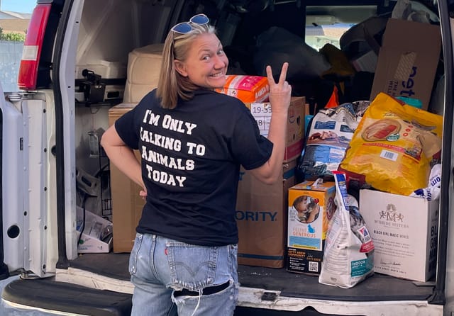 A woman wearing a black t-shirt that says "I'm only talking to animals today" on the back standing next to a van. 