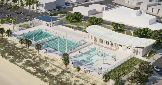 Artist's image of an overhead shot of a large swimming pool.