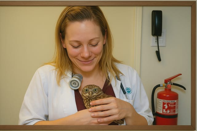 A woman smiles as she cradles a small owl.
